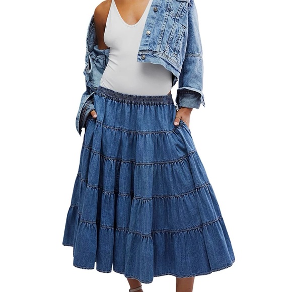 Free People Blue Tiered Midi Skirt - Picture 1 of 5